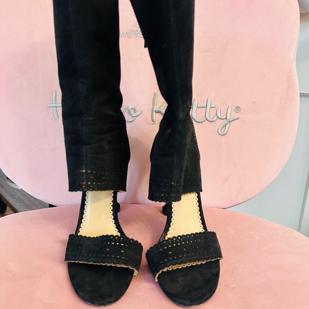 Black Suede Scalloped Open-Toe Heeled Sandals